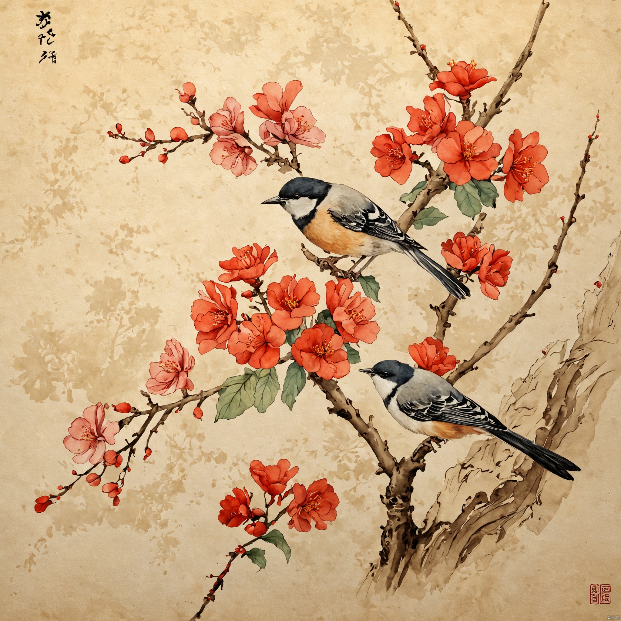  the Plum Blossom ,Begonia flowers with a bird on a branch, traditional Chinese painting light color, fine brushwork, circular composition, background on yellowed rice paper,no text