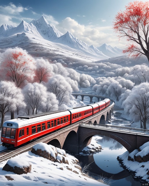 Masterpiece, best quality, stunning details, realistic, winter, snow, red trains, outdoor, sky, trees, no one, traditional media, grass, ground vehicles, architecture, scenery, bridges