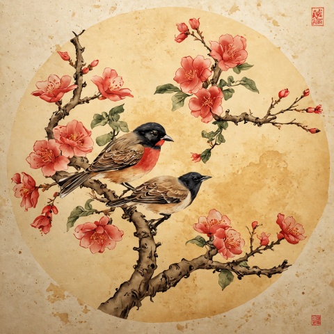  the Plum Blossom ,Begonia flowers with a bird on a branch, traditional Chinese painting light color, fine brushwork, circular composition, background on yellowed rice paper,no text