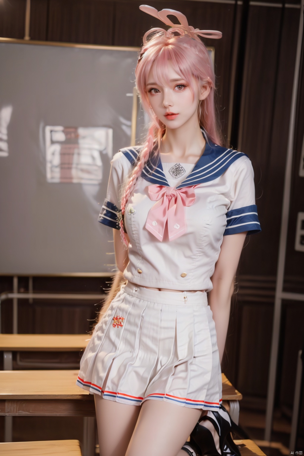  HZ,1girl,solo,pink hair,braid,halo,skirt,cosplay,kneehighs,sailor collar,school uniform,twin braids,long hair,black footwear,looking at viewer,v,serafuku,white skirt,pleated skirt,realistic,shoes,
short sleeves,bow,blue sailor collar,hair between eyes,white serafuku,pink bow,
watch,indoors,desk,chair,bag,classroom,
bangs,
pink neckerchief,neckerchief,chalkboard,wooden floor,(raw photo:1.2),((photorealistic:1.4))best quality,masterpiece,illustration,an extremely delicate and beautiful,extremely detailed,CG,unity,8k wallpaper,Amazing,finely detail,masterpiece,best quality,official art,extremely detailed CG unity 8k wallpaper,absurdres,incredibly absurdres,huge filesize,ultra-detailed,highres,extremely detailed,beautiful detailed girl,cinematic lighting,1girl,pale skin,tall female,(perfect body shape),skinny body,Slender legs,, pale skin,tall man,long legs,thin leg, 1girl,yellow_footwear,black_hair,long_hair,high_heels,pencil_skirt