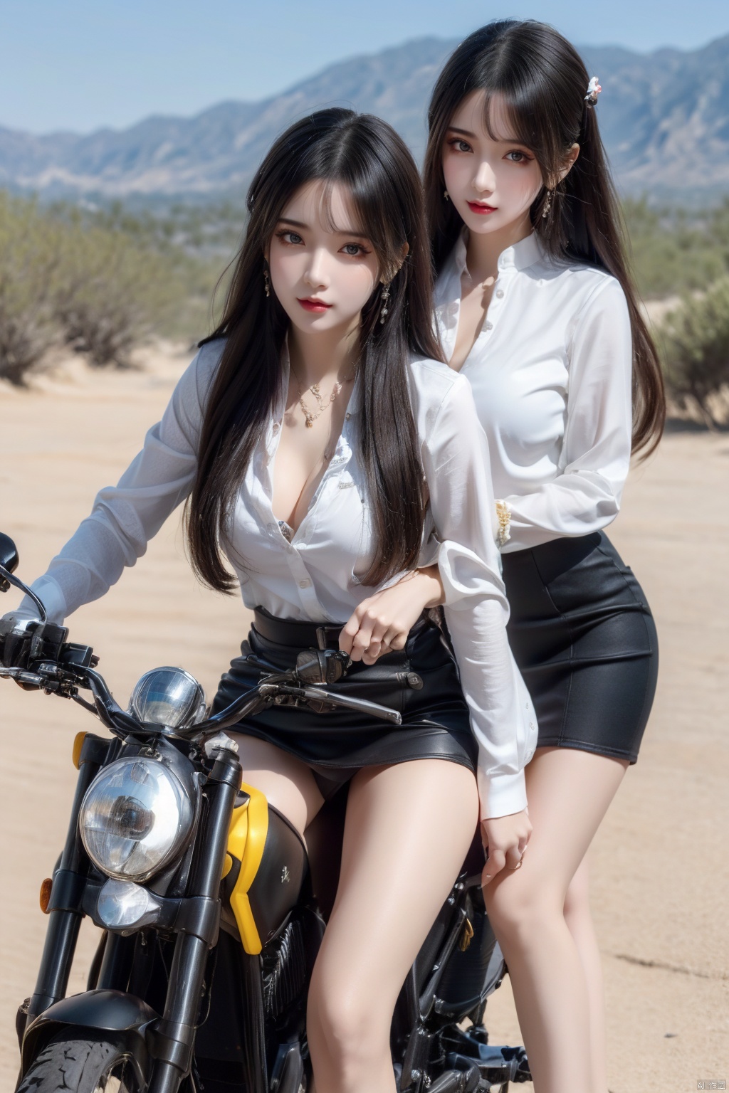  (2_girls::1.7),twins,kind smile, ((close-up)),Masterpiece,best quality,Highest picture quality,ultra-detailed,top quality,two girls driving a motorcycle,bare long leg,desert background, yhmotorbike,moyou,wangyushan, ((poakl)), 1girl,high_heels,yellow_footwear,long_hair,black_hair,pencil_skirt