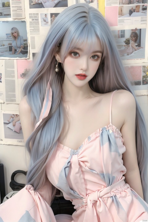  1girl,(((big breasts:1.2))),message hair,(oval face:1.2),lipgloss,the background is a white wall covered with newspapers and stickers,tiled background,(white_skin:1.4),indoor,roomi,the white wall,long hair,decorations,ribbon trim,neon,embellished costume,ornament,close_mouth,(happy_valentine:1.2),ornament,loose belt,(baby face:1.2),pose for the mirror,having a dual tone hair blend of light blue and light pink,(with long bangs covering one eye:1),eye_contact,glint,8k,masterpiece,best quality,Girl's face,makeup,fundoshi,mascara,(colored_eyelashes:1.1),,(The upper body includes the thighs:1.4),yellow_footwear,high_heels,white_footwear