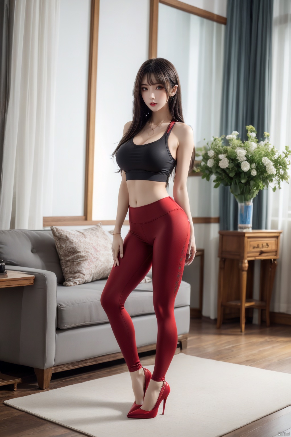masterpiece,best quality,extremelydetailed,1girls,fair_skin,long hair,big breasts,yoga clothes,Yoga pants,long legs,(red_high_heels),full body,living room,flowers,looking_at_viewer,(standing),
