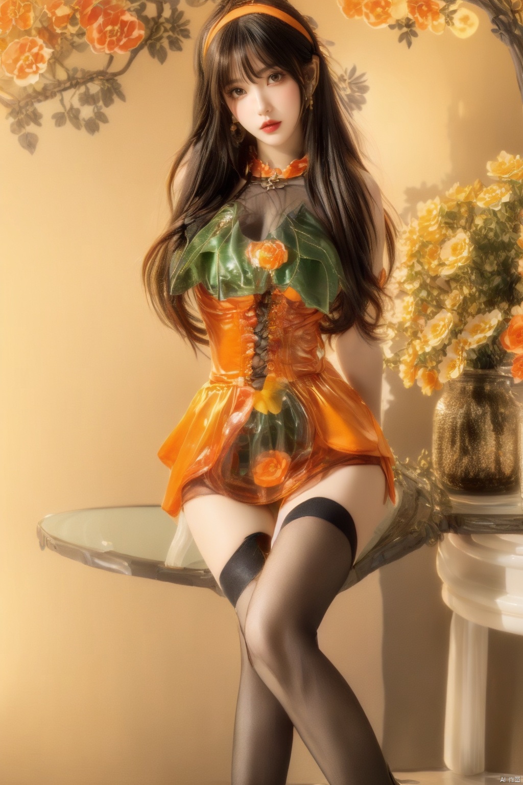  orange theme ,(flowers background:1.45),(transparent background:1.3)(an extremely delicate and beautiful girl inside of glass jar:1.2), (glass jar:1.35),(solo:1.2), (full body), (beautiful detailed eyes, beautiful detailed face:1.3), (sitting ), (very long silky hair, float white hair:1.15), (medium_breasts, tally and skinny:1.2), (Colorful dress:1.3), (extremely detailed lace:0.3), (insanely detailed frills:0.3),(hairband , orange hair_ornament:1.25),orange cans,water surface,full body,kneeing,(bottle filled with orange water,bottle filled with Fanta:1.25), (many fruits in jar, many Sliced_fruits in jar:1.25), (many bubbles:1.25), 1girl,police,yellow_dress,polka_dot_legwear