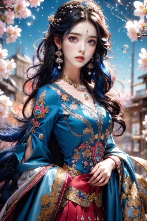  (masterpiece), (best quality), (ultra-detailed), (illustration), 1girl, mixed-blood, stars in the eyes, cherry blossoms, messy floating hair, crystal earrings, colored inner hair, Starry sky adorns hair, (colorful Bubble), (pearl), (Galaxy), depth of field, upper body, lace-trimmed dress,high_heels,black_hair,skirt