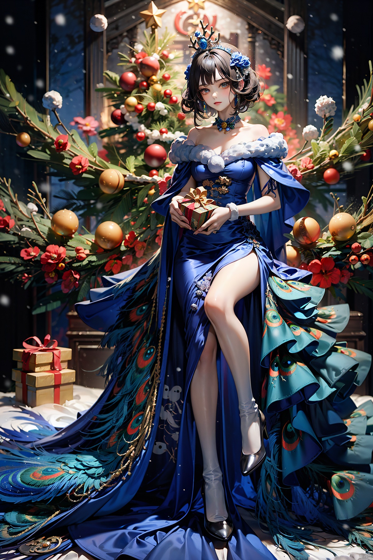  (best quality)(masterpiece) , Peacock Girl, (Solo) , (Snow: 1.5) , (snow forest background)-Christmas Red Velvet Shawl, velvet Antler Tiara) , photography style, soft focus, Christmas hat, hands holding a beautiful gift box, many colorful gift boxes falling to the ground, blonde hair, freckles, detailed Christmas lights Christmas Tree Christmas presents Christmas stockings, white lace knee socks, warm light, tiara, 1girl,high_heels,white_footwear,background