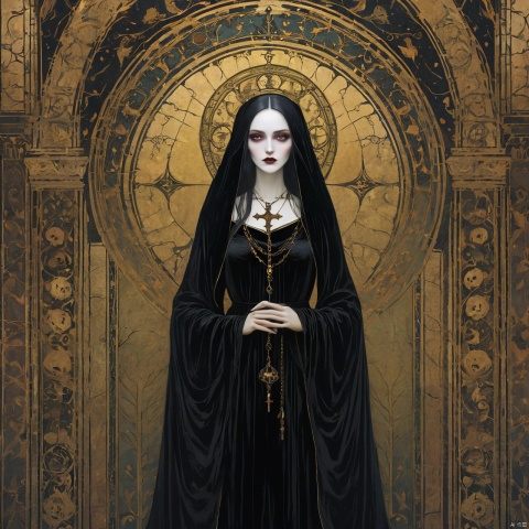  A lady of faith,(masterpiece, top quality, best quality, official art, beautiful and aesthetic:1.2) ,cover art,illustration minimalism, macabre style Velvet "The Art of Ancients", dark, gothic, grim, haunting, highly detailed