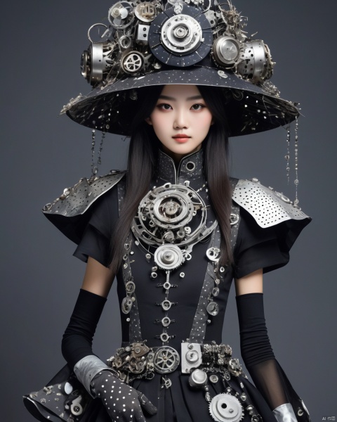  Chinese girl's fashion mechanical clothing, black fabric dotted with silver mechanical decoration, with a pair of gray stockings, showing innovation and craftsmanship. He wears a silver hat with several metal ornaments hanging from the brim, and his eyes show a passion and desire for technology. Holding a handful of mechanical art works transformed from waste soil, he is a mechanical artist in waste soil, expressing his yearning and exploration for the future with his creativity and art