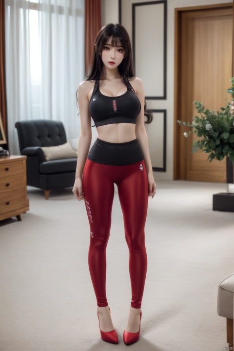 masterpiece,best quality,extremelydetailed,1girls,fair_skin,long hair,big breasts,yoga clothes,Yoga pants,long legs,(red_high_heels),full body,living room,flowers,looking_at_viewer,(standing),