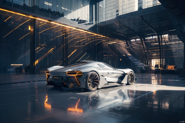  Futuristic concept car at night, metal flared skeleton walls, sustainable design, orange and dark gray gradient, organically shaped body, electric, clear edges