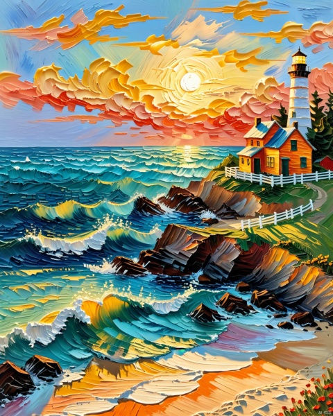 Impressionism fine art impasto on canvas by Van Gogh. Blissful sunset hues. Warm tones, Warm hues. A cabin by the ocean. A lighthouse on the bluff. Paths leading away. airbrush painting. Atmospheric, moody, rustic.