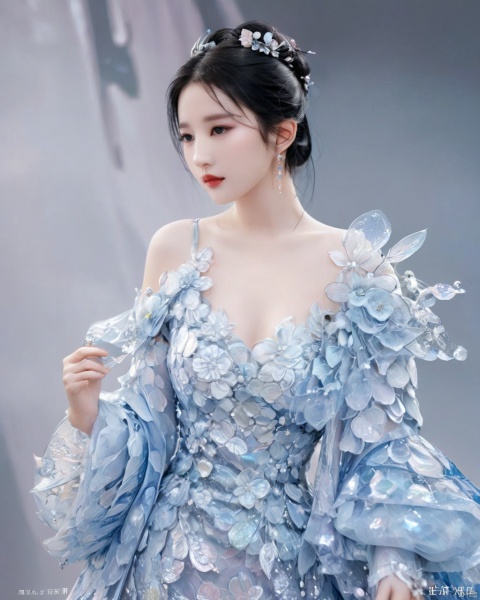  Transparent blue and white porcelain PVC skin, transparent blue and white porcelain colored skin scales, prisms, holography, color difference, fashion illustrations, masterpieces, Chinese dragon and Harajuku fashion, looking at the audience, 8k, super detailed, pixiv