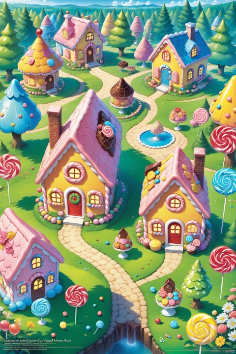  ((Masterpiece)), ((Best quality)), ((Official art,)), ((from top :1.4)), (House, Candy House :1.3), Chocolate, lollipops, candy, cookies, cakes, desserts, fairytale world, (Forest, woods, trees, grass :1.2), outdoor, daytime, (Color/candy color theme :1.2), Spring, (Official art,) Tender green grass, tender green leaves,