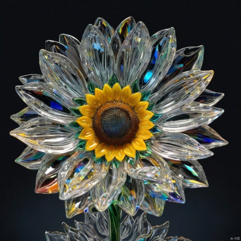 Glass sunflower, highly detailed, macro photography, crystal clear, delicate, intricate, colorful reflections, soft lighting, artstation, 4k resolution, 1girl