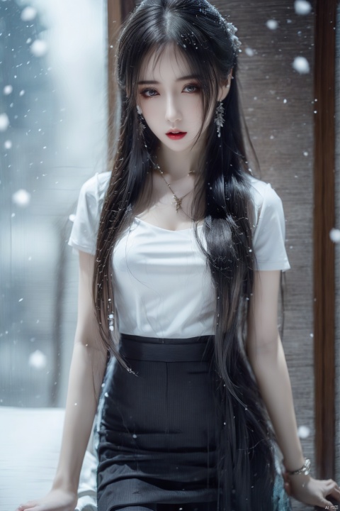  Best quality, masterpiece, photorealistic, 32K uhd, official Art,
1girl, dofas, solo,upper body, snowing, blurry, 1girl,pencil_skirt,yellow_footwear,high_heels,pinstripe_suit