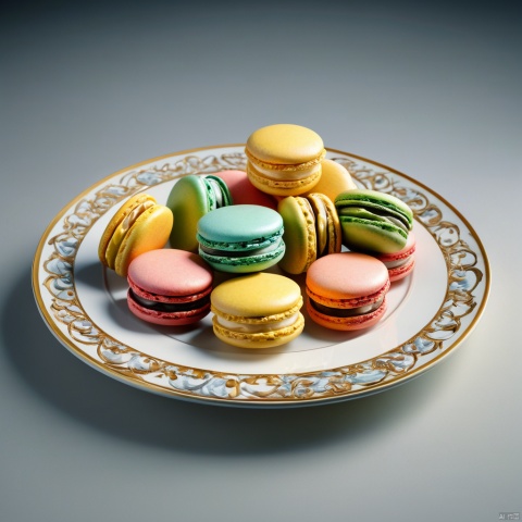  Masterpiece, best quality, stunning details, realistic, (a plate of macarons), official visual art, brand design,
