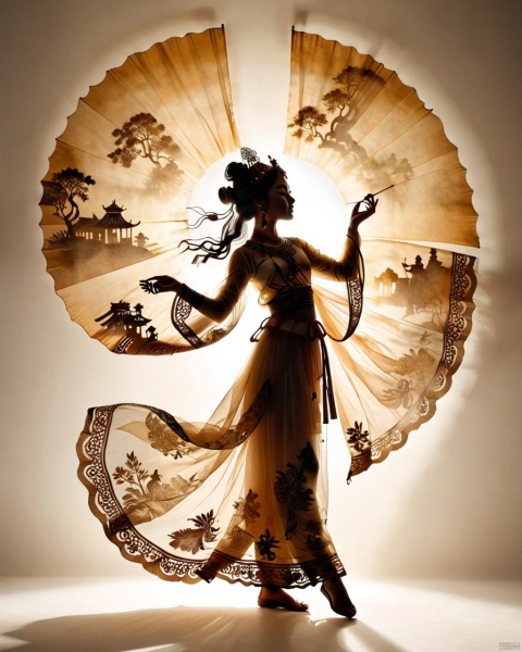 Shadow play, the picture covered with tulle, hazy, backlight, silhouette, a beautiful and beautiful ancient girl, beautiful and beautiful, the center of light, dazzling light and shadow, artistic conception ink, white background, clean background, poster composition