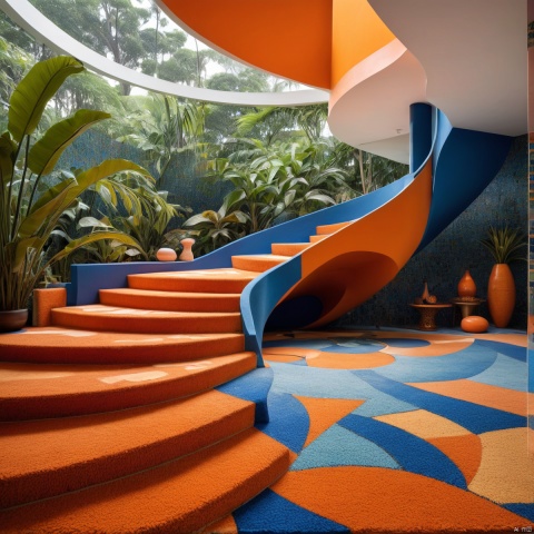 Masterpiece, best quality, stunning details, realistic, edited photo shoot of an open living room with stairs and a large carpet, orange and blue styles, Oscar Niemeyer, contemporary landscape, colorful mosaics, sustainable architecture, mysterious tropics, modernist emotions