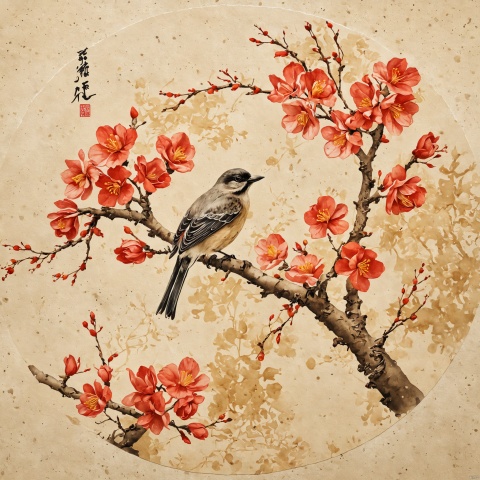  the Plum Blossom ,Begonia flowers with a bird on a branch, traditional Chinese painting light color, fine brushwork, circular composition, background on yellowed rice paper,no text