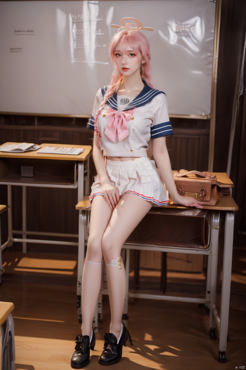  HZ,1girl,solo,pink hair,braid,halo,skirt,cosplay,kneehighs,sailor collar,school uniform,twin braids,long hair,black footwear,looking at viewer,v,serafuku,white skirt,pleated skirt,realistic,shoes,
short sleeves,bow,blue sailor collar,hair between eyes,white serafuku,pink bow,
watch,indoors,desk,chair,bag,classroom,
bangs,
pink neckerchief,neckerchief,chalkboard,wooden floor,(raw photo:1.2),((photorealistic:1.4))best quality,masterpiece,illustration,an extremely delicate and beautiful,extremely detailed,CG,unity,8k wallpaper,Amazing,finely detail,masterpiece,best quality,official art,extremely detailed CG unity 8k wallpaper,absurdres,incredibly absurdres,huge filesize,ultra-detailed,highres,extremely detailed,beautiful detailed girl,cinematic lighting,1girl,pale skin,tall female,(perfect body shape),skinny body,Slender legs,, pale skin,tall man,long legs,thin leg, 1girl,yellow_footwear,black_hair,long_hair,high_heels,pencil_skirt