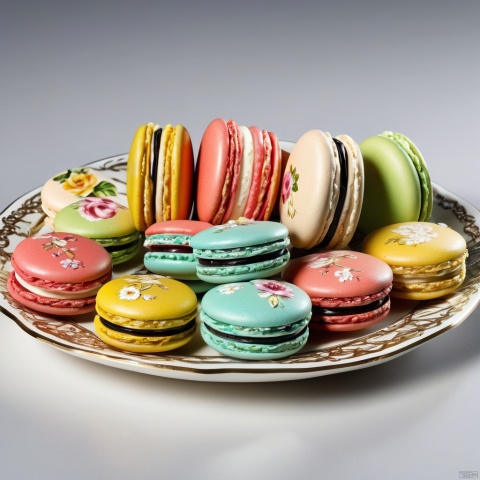  (best quality, masterpiece, Representative work, official art, Professional, 8k, Ultra intricate detailed), (a plate of macarons), official visual art, brand design,
