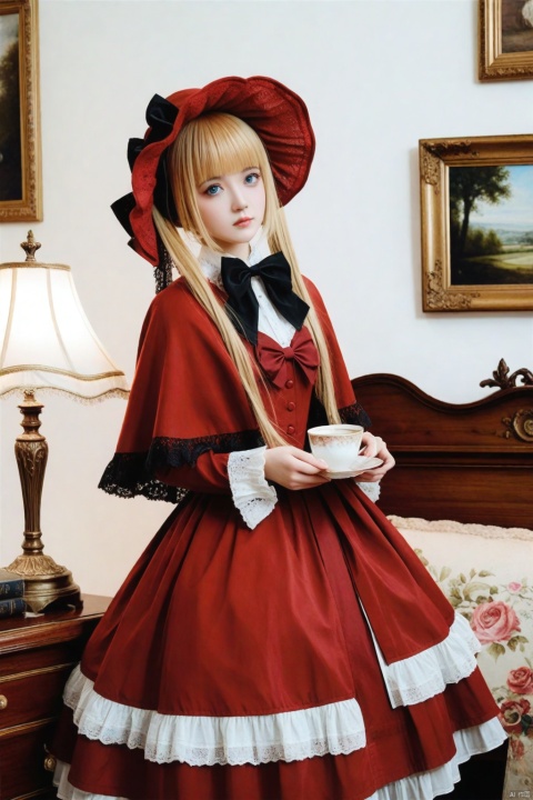  masterpiece,Realism,best quality,1girl,blonde hair,shinku,dress,book,blue eyes,solo,bonnet,bow,holding,flower,lamp,rose,looking at viewer,long hair,red dress,black bow,frills,bowtie,realistic,long sleeves,indoors,frilled dress,cup,lips,lolita fashion,red headwear,capelet,lace trim,twintails,holding book,black bowtie,teacup,open book,lace,red flower,picture frame,standing,closed mouth,hat,painting (object),red rose,lace-trimmed sleeves,blunt bangs,nose,ribbon,head tilt,desk lamp,