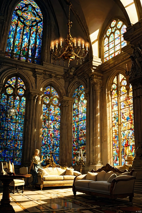 dream_sofa,1girl,sitting on the sofa, Europroom, church, stained glass, scenery, chandelier, indoors, architecture, window, candle, arch, candlestand, pillar, statue, sunlight, ceiling, fire, light rays,