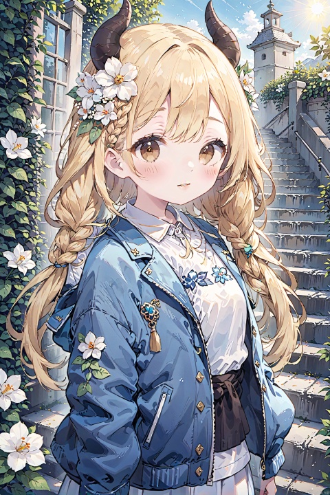  1girl, solo, long hair, looking at viewer, blonde hair, shirt, hair ornament, animal ears, brown eyes, jacket, white shirt, upper body, braid, flower, outdoors, parted lips, horns, day, hair flower, twin braids, lips, sunlight, plant, white flower, blue jacket, hair over shoulder, freckles, stairs,realistic,山水如画,keaiduo,雪景