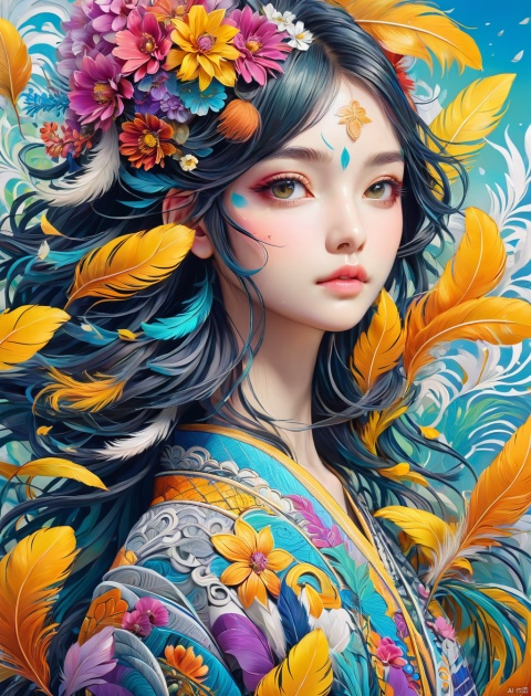  Zen painting illustration,anime art style,masterpiece,top quality,best quality,official art,beautiful and aesthetic,(1girl:1.2),extremely detailed,colorful,flowers,highest detailed,zentangle,abstract background,shiny skin,many colors,feathers,