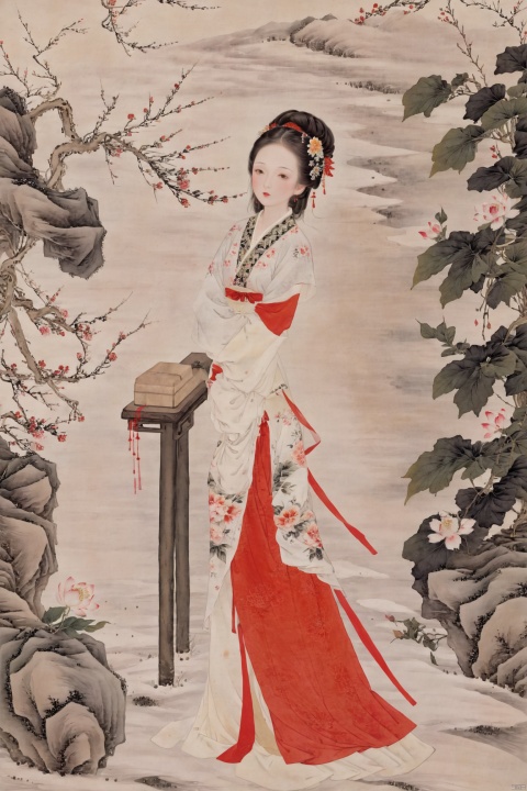  masterpiece,best quality,extremelydetailed,1girls,fair_skin,long hair,big breasts,floral shirt,pencil skirt,long legs,(thighhighs),(red_high_heels),full body,in the snow,flowers,looking_at_viewer,(standing), traditional chinese ink painting,black and white ink painting,willow branches
