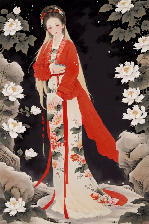  masterpiece,best quality,extremelydetailed,1girls,fair_skin,long hair,big breasts,floral shirt,pencil skirt,long legs,(thighhighs),(red_high_heels),full body,in the snow,flowers,looking_at_viewer,(standing), traditional chinese ink painting,black and white ink painting
