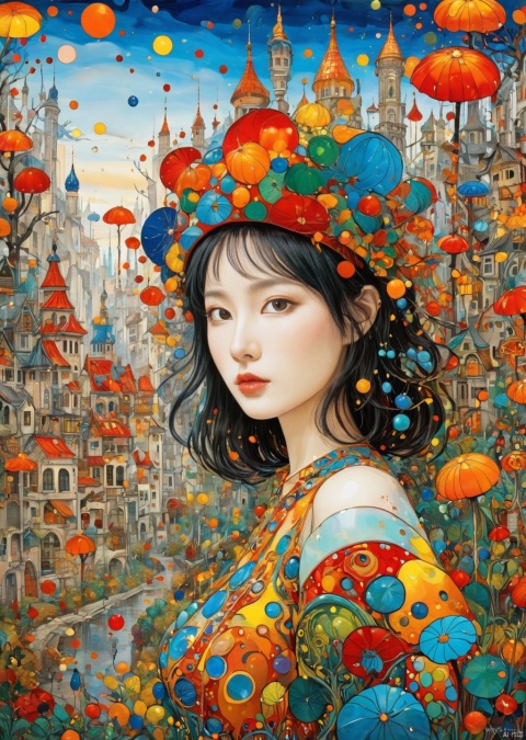  1girl,autumntime cityscape painting by Yayoi Kusama, in the style of colorful drawings, joe madureira, hans baldung, romantic graffiti, stained glass, multi-layered color fields