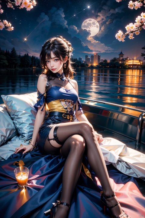  A young girl lying comfortably on a boat, looking up at the starry night sky filled with colorful flowers surrounding the boat, reflecting the bright moon on the lake surface, distant cherry blossom scenery in the background, medium and long distance view, deep depth of field, detailed details. High resolution image, vivid colors, dreamy atmosphere, romantic scene, beautiful night sky, blooming flowers, reflection of the moon on the lake, distant cherry blossoms, serene environment, peaceful mood, starry sky, flower decoration, boat ride, comfortable position, young girl's innocence, tranquility., eluosi, blackpantyhose, qiqiu, 1girl,police,yellow_footwear,pencil_skirt,skirt_lift