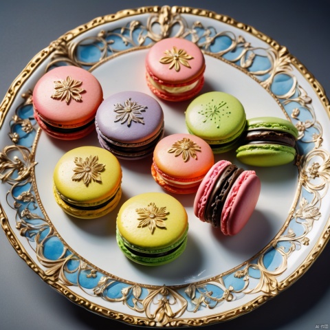  (best quality, masterpiece, Representative work, official art, Professional, 8k, Ultra intricate detailed), (a plate of macarons), 