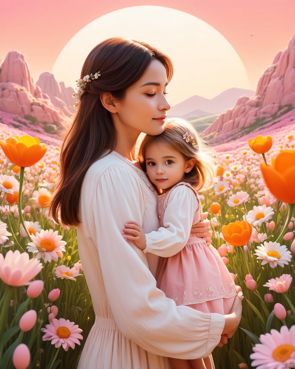 Masterpiece, best quality, stunning details, realistic, a cute mother daughter embrace, surrounded by flowers and eggs, dreamy scenery, soft and atmospheric perspective, vibrant orange and pink stage backgrounds, childlike innocence and charm, bold shapes and cute characters, with a simple white sun in the sky against a pink background
