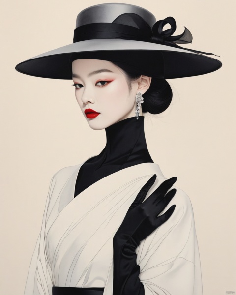  Hat brim, red lips, chin held in a black glove, minimalist ink painting design, no one, Rene Gluot style, Oriental flat aesthetics