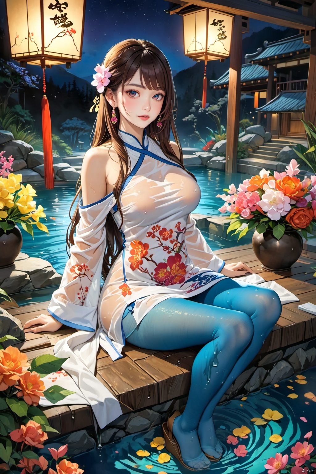 Cute illustration, ink painting, warm and beautiful, 1 girl, shy smile, Chinese Hanfu, bare shoulders, best quality, masterpiece, ultra-high resolution, HDR, ultra-high definition, 64K, official art, (photo realism), (realism), depth of field, outdoor, (night), (dim light), (hot springs, flower arrangements), floating hair, long hair, dark brown hair, (whole body), arms on both sides, enticing posture, (wedge-shaped high heels), (blue pantyhose), pencil skirt, (sitting), (big chest), (solo focus), looking_cat_viewer, (fitted and petite body, full), (curved), (underwater), (wet hair, wet shirt),