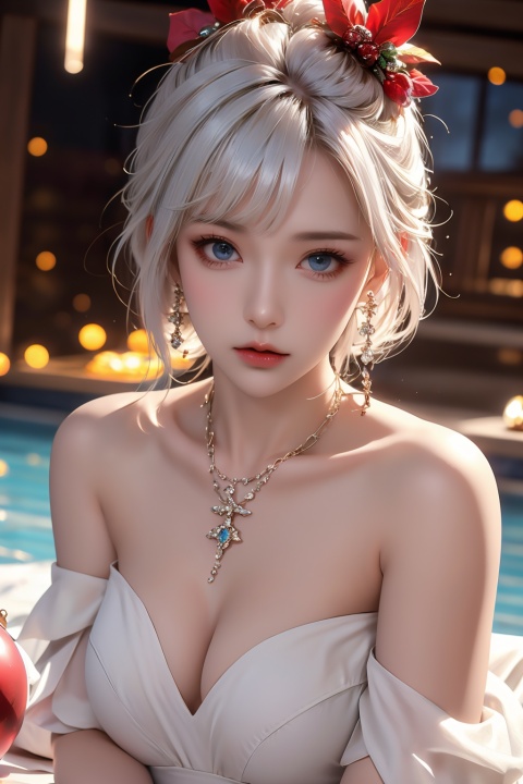  1girl,Bangs, off shoulder, (white hair), (naked), blue eyes, chest, earrings, dress, earrings, floating hair, jewelry, (orb),Crystal ball, magic ball,sleeveless, short hair,Looking at the observer, parted lips, pierced,energy,electricity,magic, tutututu, christmas,police
