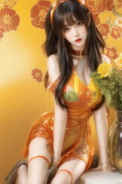  orange theme ,(flowers background:1.45),(transparent background:1.3)(an extremely delicate and beautiful girl inside of glass jar:1.2), (glass jar:1.35),(solo:1.2), (full body), (beautiful detailed eyes, beautiful detailed face:1.3), (sitting ), (very long silky hair, float white hair:1.15), (medium_breasts, tally and skinny:1.2), (Colorful dress:1.3), (extremely detailed lace:0.3), (insanely detailed frills:0.3),(hairband , orange hair_ornament:1.25),orange cans,water surface,full body,kneeing,(bottle filled with orange water,bottle filled with Fanta:1.25), (many fruits in jar, many Sliced_fruits in jar:1.25), (many bubbles:1.25), 1girl,police,yellow_dress,polka_dot_legwear