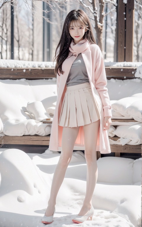  1 girl,Transparent skirt,pink face,stockings,(snow:1.2),(snowing:1.2),peach blossom,snow,solo,scarf,pink hair,smile,long hair,bokeh,realistic,long coat,blurry, captivating gaze, embellished clothing, natural light, shallow depth of field, romantic setting, dreamy pastel color palette, whimsical details, captured on film,. (Original Photo, Best Quality), (Realistic, Photorealistic: 1.3), Clean, Masterpiece, Fine Detail, Masterpiece, Ultra Detailed, High Resolution, (Best Illustration), (Best Shadows), Complex, Bright light, modern clothing, (pastoral: 1.3), smiling,standing,(very very short skirt:1.5),knee socks,(white shoes: 1.4),long legs, forest, grassland,(view: 1.3), 21yo girl, striped, wangyushan, capricornus, 1girl, light master,high_heels,yellow_footwear,underwear,thighhighs