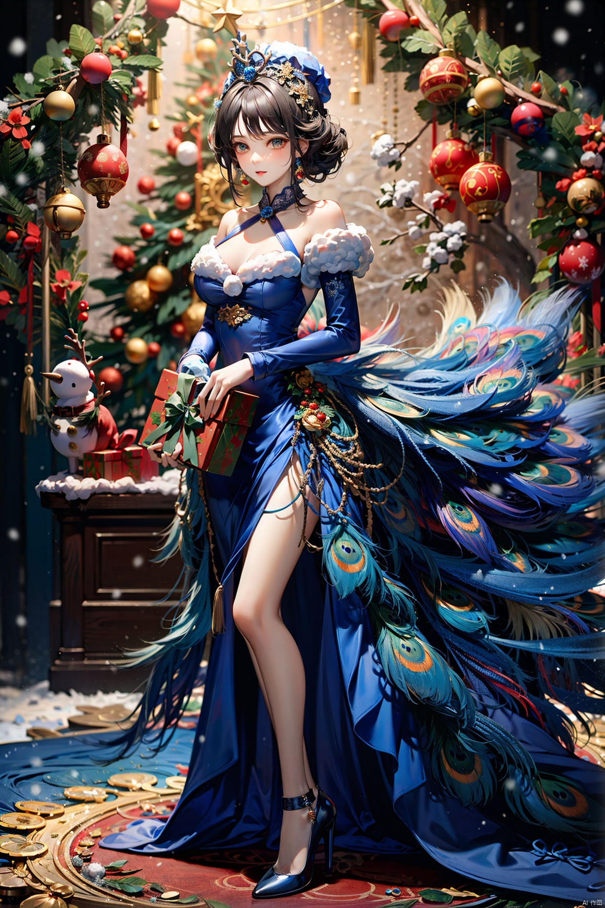  (best quality)(masterpiece) , Peacock Girl, (Solo) , (Snow: 1.5) , (snow forest background)-Christmas Red Velvet Shawl, velvet Antler Tiara) , photography style, soft focus, Christmas hat, hands holding a beautiful gift box, many colorful gift boxes falling to the ground, blonde hair, freckles, detailed Christmas lights Christmas Tree Christmas presents Christmas stockings, white lace knee socks, warm light, tiara, 1girl,high_heels,white_footwear,background