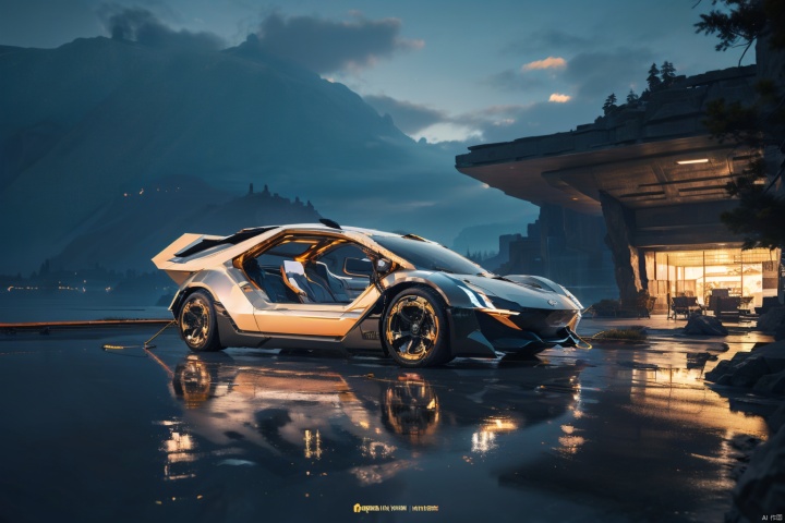  Futuristic concept car at night, metal flared skeleton walls, sustainable design, orange and dark gray gradient, organically shaped body, electric, clear edges