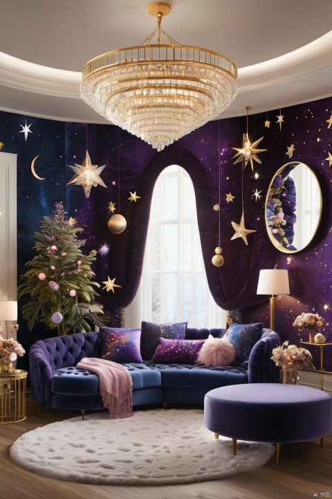  starry night, celestial theme, navy blue and purple colors, galaxy wallpaper, star-shaped lights, celestial accents, velvet furniture, fluffy pillows, faux fur rug, moon-shaped mirror, crystal chandelier