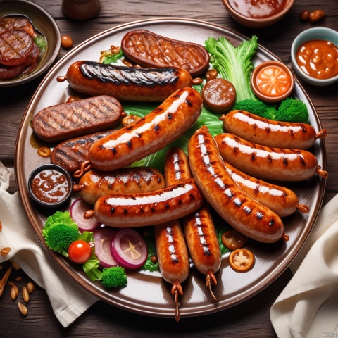 (best quality, masterpiece, Representative work, official art, Professional, 8k, Ultra intricate detailed), (a plate of Grilled sausages),Full of appetite,