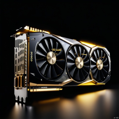 Masterpiece, best quality, stunning details, realistic, golden graphics card, sparkling graphics card, three fan extended graphics card, with RTX5090 written on the graphics card, black background, excellent composition,