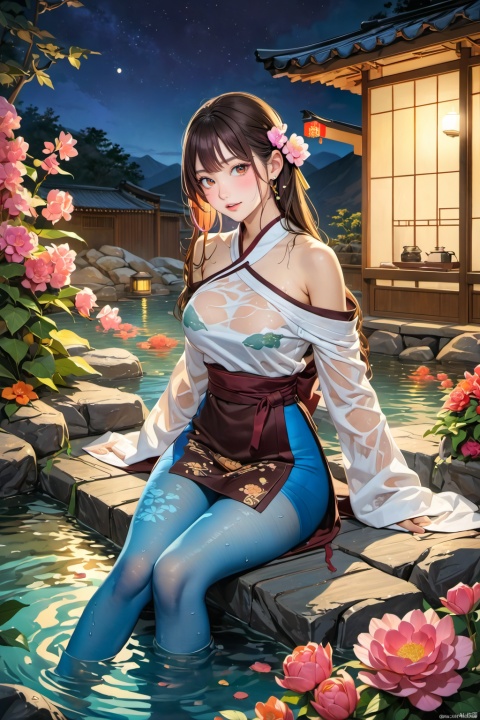 Cute illustration, ink painting, warm and beautiful, 1 girl, shy smile, Chinese Hanfu, bare shoulders, best quality, masterpiece, ultra-high resolution, HDR, ultra-high definition, 64K, official art, (photo realism), (realism), depth of field, outdoor, (night), (dim light), (hot springs, flower arrangements), floating hair, long hair, dark brown hair, (whole body), arms on both sides, enticing posture, (wedge-shaped high heels), (blue pantyhose), pencil skirt, (sitting), (big chest), (solo focus), looking_cat_viewer, (fitted and petite body, full), (curved), (underwater), (wet hair, wet shirt),