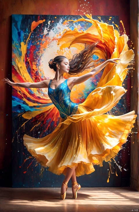 A stunning photograph of a talented artist's work, depicting a graceful, dancing female figure. Splashes of vibrant red, orange, and yellow paint come together to create a mesmerizing and passionate image. The dancer's arms and legs seem to move fluidly, capturing the essence of dance and motion. The background of the photo showcases a vibrant, colorful canvas, highlighting the artist's unique style and creativity., photo