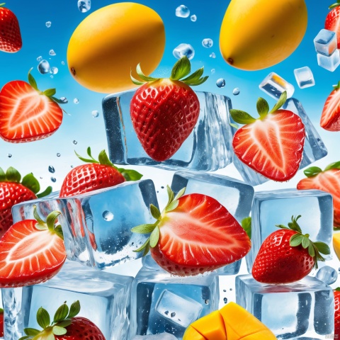 Masterpiece, best quality, stunning details, realistic, food lens saturated composition, ultimate close-up, splashing water, liquid explosion, strawberries and ice cubes, sliced strawberries, ice cubes, in bright blue sky background, surreal style fresh fruit color, focusing on mangoes and ice cubes, white background, Unreal Engine extremely long lens,