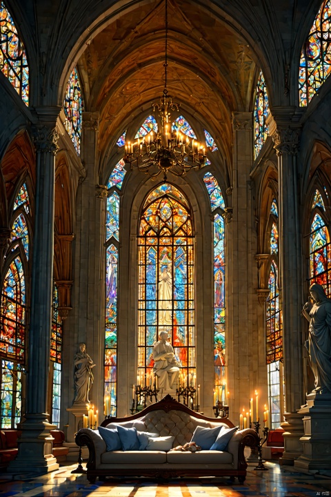dream_sofa,1girl,sitting on the sofa, Europroom, church, stained glass, scenery, chandelier, indoors, architecture, window, candle, arch, candlestand, pillar, statue, sunlight, ceiling, fire, light rays,