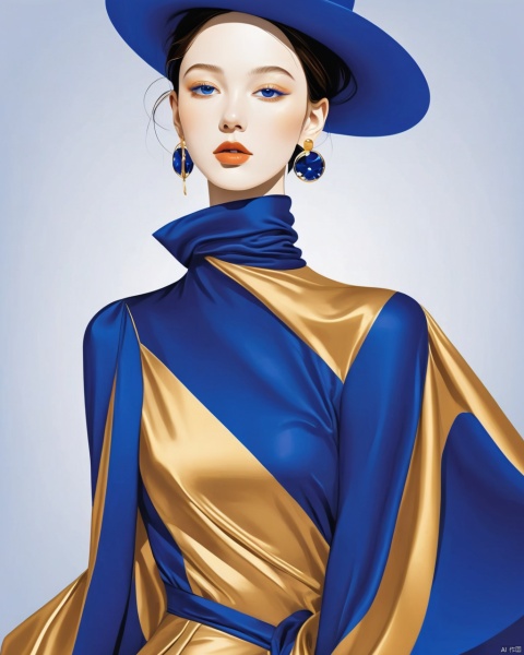  This vector illustration created in a surrealist style shows a fashionable girl wearing sapphire blue and gold clothing, striking an exaggerated pose that is characteristic of minimalist art.The background is pure Klein blue, which makes people feel pure and tranquil
